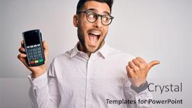  Presentation with payment - PPT theme consisting of young-handsome-man-doing-payment background and a light gray colored foreground