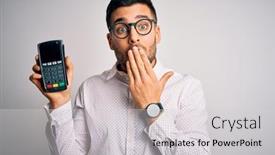  Presentation with payment - Colorful slide set enhanced with young-handsome-man-doing-payment backdrop and a light gray colored foreground