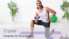  Presentation with exercises - Presentation design featuring young handsome man doing sport exercises indoors background and a sky blue colored foreground