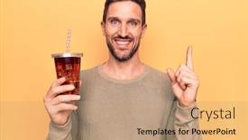  Presentation with beverage - Cool new PPT theme with young-handsome-man-drinking-cola backdrop and a coral colored foreground