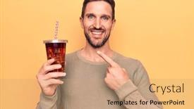  Presentation with beverage - Cool new PPT theme with young-handsome-man-drinking-cola backdrop and a coral colored foreground