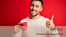  Presentation with cup coffee - Presentation design featuring young-handsome-man-drinking background and a  colored foreground