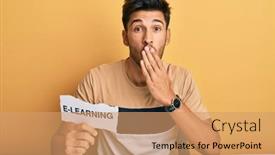  Presentation with learning - Presentation theme consisting of young-handsome-man-e-learning background and a coral colored foreground