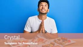  Presentation with praying hands - PPT layouts with young-handsome-man-eating-sushi background and a coral colored foreground