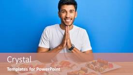 Presentation with praying hands - Beautiful presentation design featuring young-handsome-man-eating-sushi backdrop and a coral colored foreground