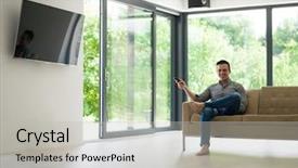  Presentation with television watching - Presentation theme enhanced with young handsome man enjoying free background and a  colored foreground