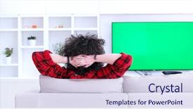  Presentation with television watching - PPT layouts enhanced with young handsome man enjoying free background and a  colored foreground