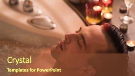  Presentation with luxury resort - Beautiful theme featuring young handsome man enjoys relaxing in the jacuzzi with candles and champagne at luxury resort spa backdrop and a tawny brown colored foreground