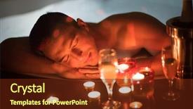  Presentation with luxury resort - Colorful presentation theme enhanced with young handsome man enjoys relaxing in the jacuzzi with candles and champagne at luxury resort spa backdrop and a tawny brown colored foreground
