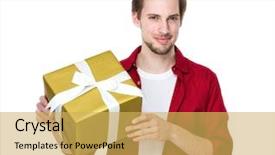  Presentation with giving - Cool new slide set with young handsome man giving present backdrop and a yellow colored foreground