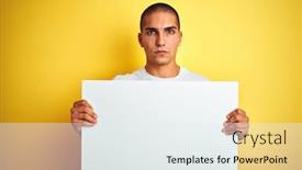  Presentation with advertising risk - Slide set consisting of young handsome man holding advertising banner over yellow isolated background with a confident expression on smart face thinking serious background and a white colored foreground