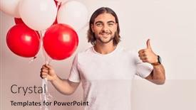  Presentation with balloons - Colorful presentation theme enhanced with young-handsome-man-holding-balloons backdrop and a soft green colored foreground