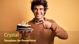  Presentation with happy birthday cake - Colorful slide set enhanced with young-handsome-man-holding-birthday backdrop and a tawny brown colored foreground