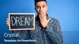  Presentation with dream - Beautiful slide deck featuring young-handsome-man-holding-blackboard backdrop and a ocean colored foreground