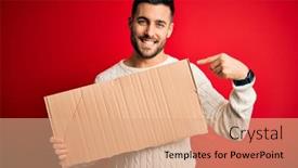  Presentation with red banner - Slide deck enhanced with young-handsome-man-holding-blank background and a coral colored foreground