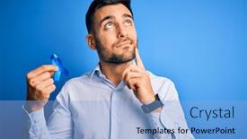  Presentation with blue ribbon - Slide deck consisting of young-handsome-man-holding-blue background and a light blue colored foreground