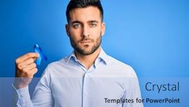  Presentation with blue ribbon - Colorful presentation design enhanced with young-handsome-man-holding-blue backdrop and a light blue colored foreground