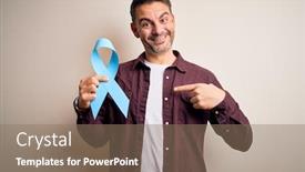  Presentation with blue ribbon - Beautiful PPT layouts featuring young-handsome-man-holding-blue backdrop and a coral colored foreground