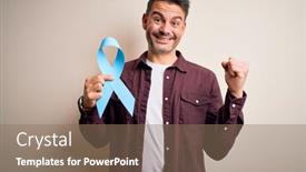  Presentation with blue ribbon - Amazing slides having young-handsome-man-holding-blue backdrop and a coral colored foreground