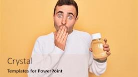  Presentation with mustard yellow - Presentation theme featuring young-handsome-man-holding-bottle background and a coral colored foreground