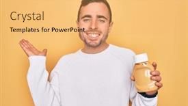  Presentation with mustard yellow - PPT theme with young-handsome-man-holding-bottle background and a yellow colored foreground