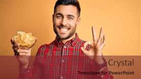  Presentation with potato chips - Theme featuring young-handsome-man-holding-bowl background and a tawny brown colored foreground