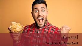  Presentation with potato chips - Audience pleasing PPT theme consisting of young-handsome-man-holding-bowl backdrop and a tawny brown colored foreground