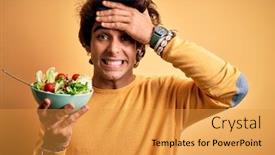  Presentation with bowl - PPT theme having young-handsome-man-holding-bowl background and a gold colored foreground