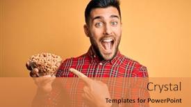  Presentation with groundnut roasted peanuts peanut - Colorful presentation enhanced with young-handsome-man-holding-bowl backdrop and a gold colored foreground