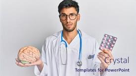  Presentation with mental health - Audience pleasing slide set consisting of young-handsome-man-holding-brain backdrop and a sky blue colored foreground