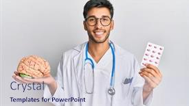  Presentation with mental health - PPT theme featuring young-handsome-man-holding-brain background and a sky blue colored foreground