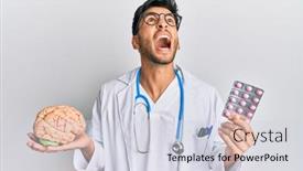  Presentation with mental health - Colorful PPT layouts enhanced with young-handsome-man-holding-brain backdrop and a sky blue colored foreground