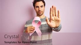  Presentation with pink ribbon - Slide set with young handsome man holding cancer ribbon standing over isolated pink background with open hand doing stop sign with serious and confident expression defense gesture background and a coral colored foreground