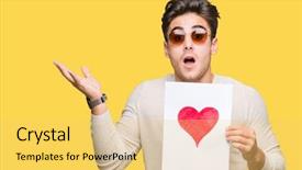  Presentation with heart hands - PPT layouts enhanced with young handsome man holding card background and a yellow colored foreground