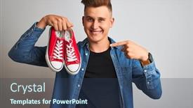  Presentation with sneakers - Amazing slide deck having young handsome man holding casual sneakers standing over isolated white background very happy pointing with hand and finger backdrop and a ocean colored foreground