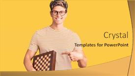  Presentation with chess - Presentation design consisting of young-handsome-man-holding-chess background and a yellow colored foreground