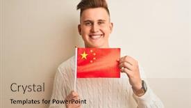  Presentation with china flag - PPT layouts enhanced with young handsome man holding chinese china flag over isolated white background with a happy face standing and smiling with a confident smile showing teeth background and a coral colored foreground