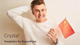  Presentation with china flag - Colorful presentation enhanced with young-handsome-man-holding-chinese backdrop and a coral colored foreground