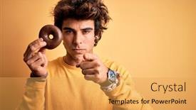  Presentation with chocolate - Audience pleasing presentation theme consisting of young-handsome-man-holding-chocolate backdrop and a yellow colored foreground