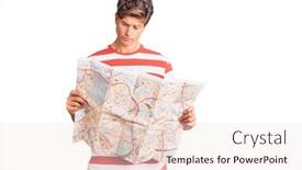  Presentation with city map - PPT layouts featuring young-handsome-man-holding-city background and a sky blue colored foreground