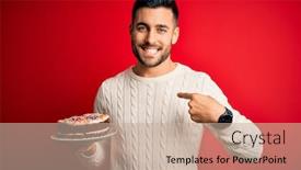  Presentation with birthday cake - Presentation theme consisting of young-handsome-man-holding-colorful background and a  colored foreground
