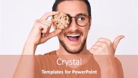  Presentation with cookie - Beautiful PPT theme featuring young-handsome-man-holding-cookie backdrop and a coral colored foreground
