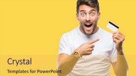  Presentation with credit card - Amazing slide set having young handsome man holding credit backdrop and a yellow colored foreground