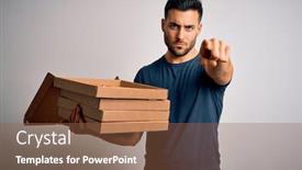 Presentation with pizza delivery - PPT theme with young-handsome-man-holding-delivery background and a tawny brown colored foreground