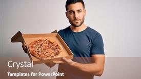  Presentation with pizza delivery - Beautiful presentation theme featuring young-handsome-man-holding-delivery backdrop and a red colored foreground