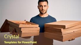  Presentation with pizza delivery - Audience pleasing presentation consisting of young-handsome-man-holding-delivery backdrop and a tawny brown colored foreground
