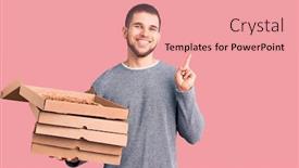  Presentation with pizza delivery - Slide set with young-handsome-man-holding-delivery background and a coral colored foreground