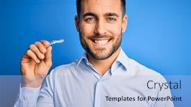  Presentation with dental - Colorful PPT theme enhanced with young-handsome-man-holding-dental backdrop and a light blue colored foreground