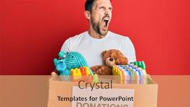  Presentation with donation - PPT theme featuring young-handsome-man-holding-donation background and a coral colored foreground