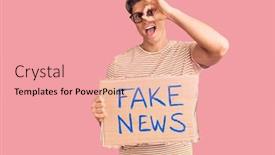  Presentation with fake news - Cool new PPT layouts with young-handsome-man-holding-fake backdrop and a coral colored foreground